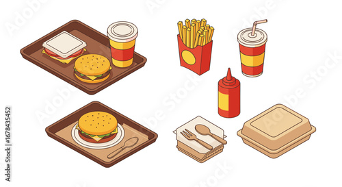Fast food set with burgers, fries, drinks, and condiments in isometric style