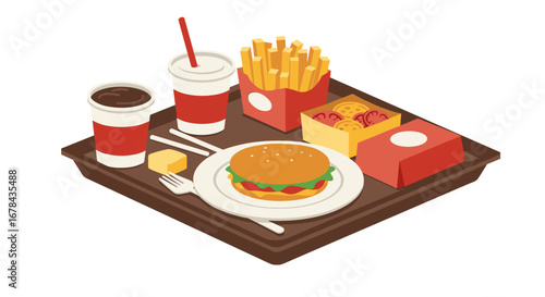 Fast food meal with burger, fries, chicken on tray in isometric style