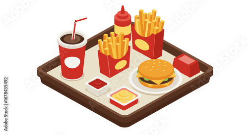 Isometric fast food meal on tray with burger, fries, and drink