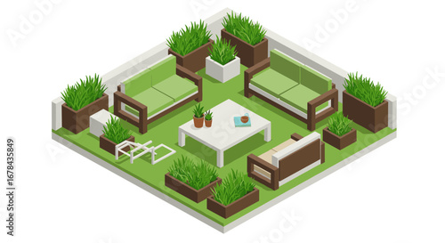 Isometric garden lounge with modern furniture and lush greenery