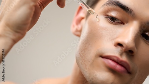 A handsome young man carefully applies a drop of nourishing facial serum to his cheek with a glass dropper.