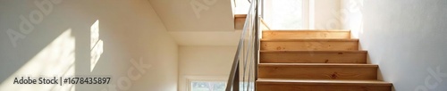 Modern minimalist stairway with sleek metal railing and oak wood steps, bathed in natural light from a large window, creating a bright and airy interior space ,  geometric,  contemporary