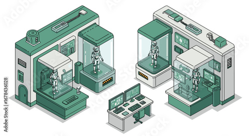 Futuristic technology isometric lab with robots and control center