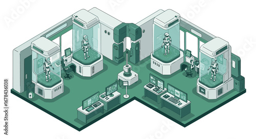 Futuristic isometric laboratory with robots in high-tech pods