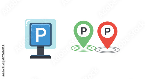 Modern parking icons with map pin and sign on white background