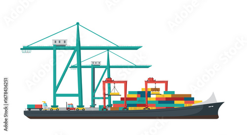 Container ship and port cranes in a modern flat design