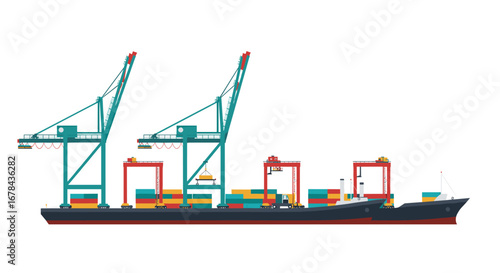 Modern cargo ship with container cranes in flat design style