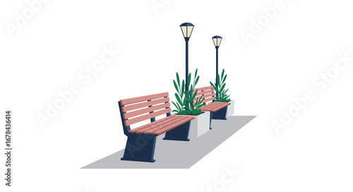 Urban park seating area with benches and street lights in minimalist style