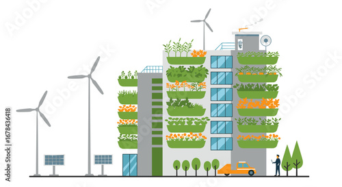 Sustainable urban living concept with vertical garden building and renewable energy sources