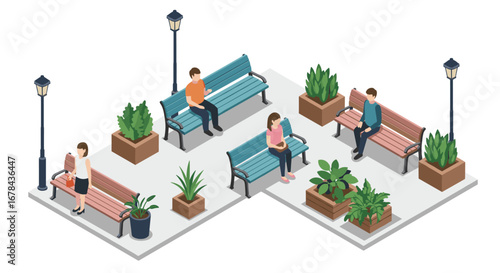Isometric park scene with people on benches and street lamps