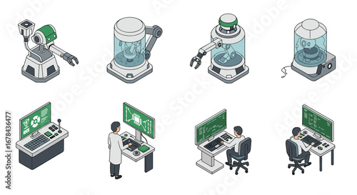 Futuristic laboratory robotics and computer workstations in isometric style