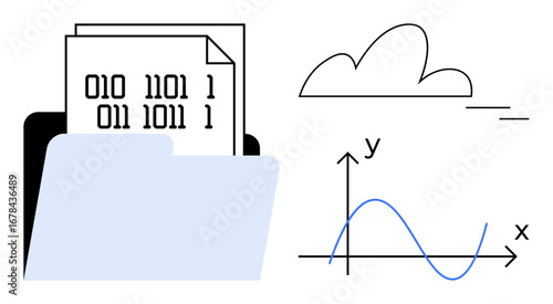 Open folder with binary data files, cloud icon, and x-y graph for analytics. Ideal for technology, data management, cloud computing, digital storage, machine learning, research simple flat metaphor