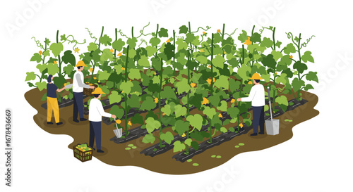 Farmers tending grapevines on vineyard farm in isometric style