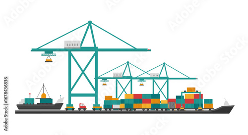 Cargo ship and crane at port illustration: maritime transportation concept