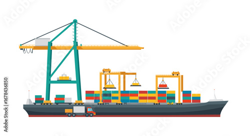 Modern cargo ship with cranes and containers in a flat style