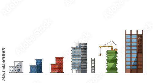 Evolution of urban architecture: cityscape with skyscraper construction and crane