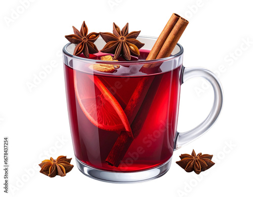 Front View of Glass of Mulled Wine with Cinnamon and Star Anise, Transparent Background PNG