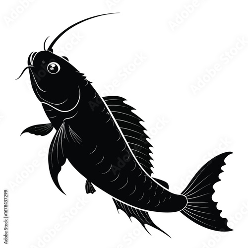 Stylized black silhouette of a majestic koi fish swimming