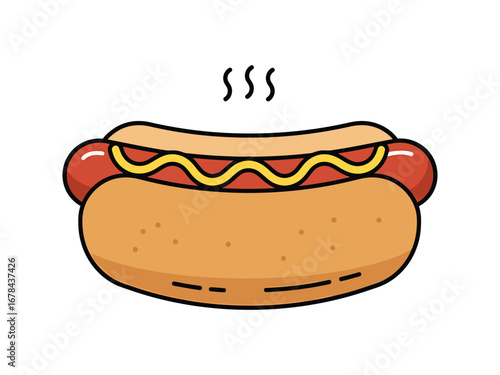 Cartoon vector illustration of a hot dog with mustard in a bun
