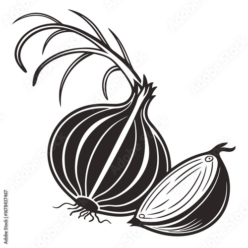 Black and white illustration of a whole onion with green sprouts and a sliced half onion silhouette