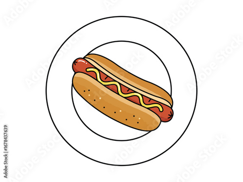Vector illustration of a hot dog with mustard on a white plate