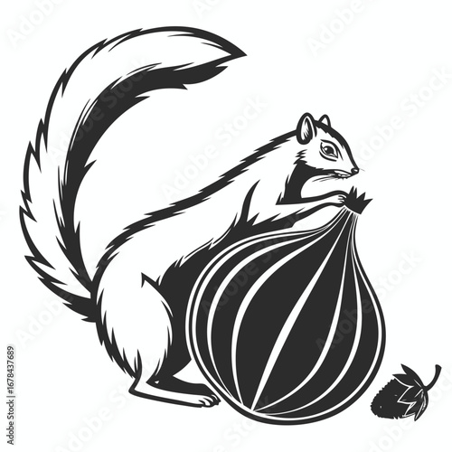 Stylized squirrel holding a large seed or nut silhouette