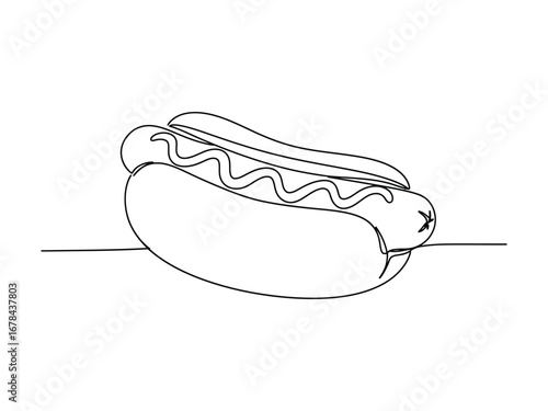 Continuous one-line vector illustration of a hot dog with mustard