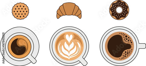 Fresh coffee cups pastries morning breakfast delightful treats delicious refreshing beverages vector