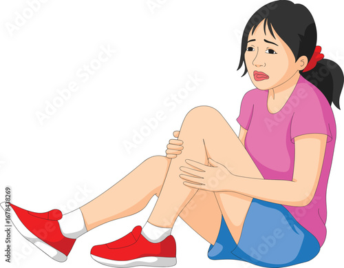 Cartoon woman sitting on ground, holding leg in pain, injury illustration, hurt female character, health emergency, vector graphic.
