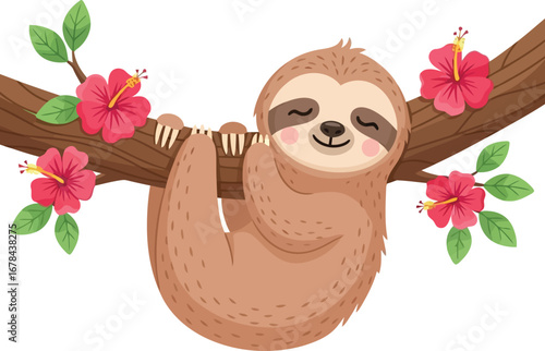 Cute sloth hanging on tree branch with tropical flowers adorable animal illustration vector