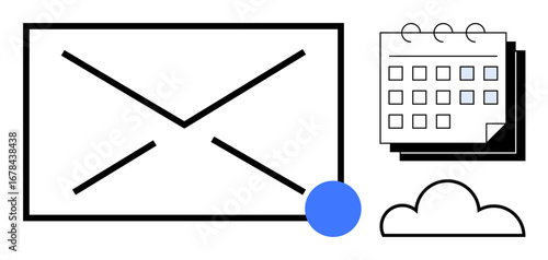Envelope, calendar, cloud, and notification dot representing email management, scheduling, and digital storage. Ideal for organization, planning, cloud services online presence teamwork