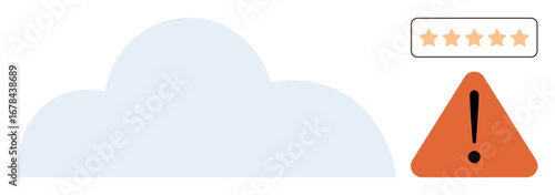 Cloud with a warning triangle and five-star rating indicator. Ideal for technology, security, feedback, cloud computing, reliability, customer experience, and caution themes. Simple flat metaphor
