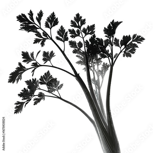 Delicate black silhouette of parsley leaves against a white background