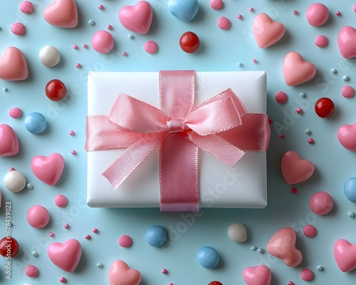 White gift box with a pink ribbon and bow on a light blue background surrounded by colorful heart shaped and round candies for a sweet occasion