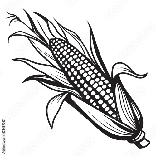 Detailed black and white illustration of a corn cob silhouette
