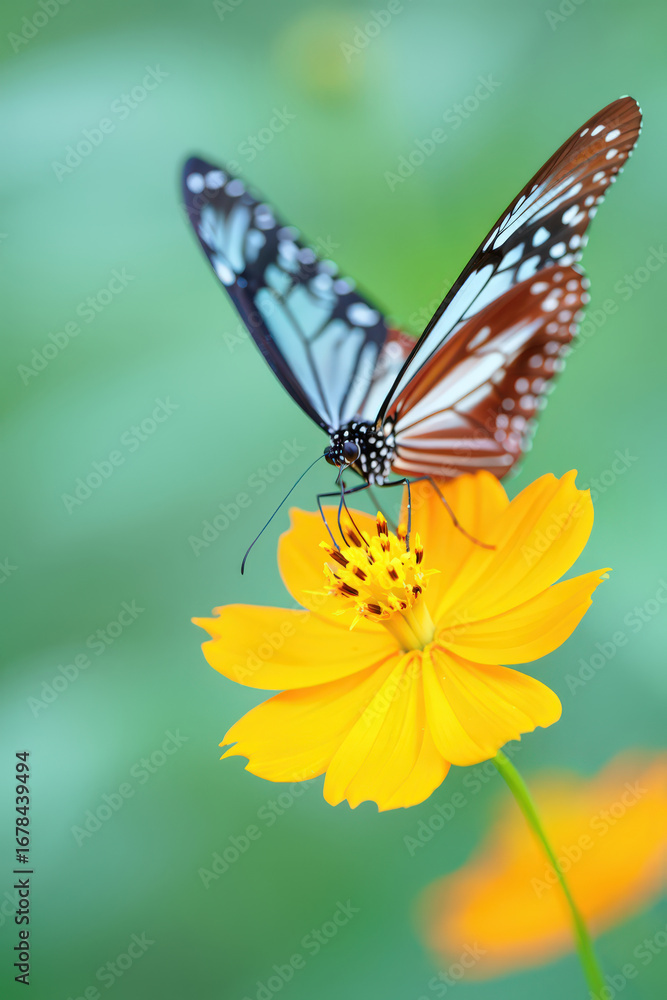 Obraz premium A Delicate Butterfly Perched Gracefully on a Bright Yellow Flower with a Soft Green Background Showcasing the Harmony of Nature and the Beauty of Simplicity