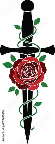 Rose dagger gothic tattoo design floral medieval weapon art illustration vector