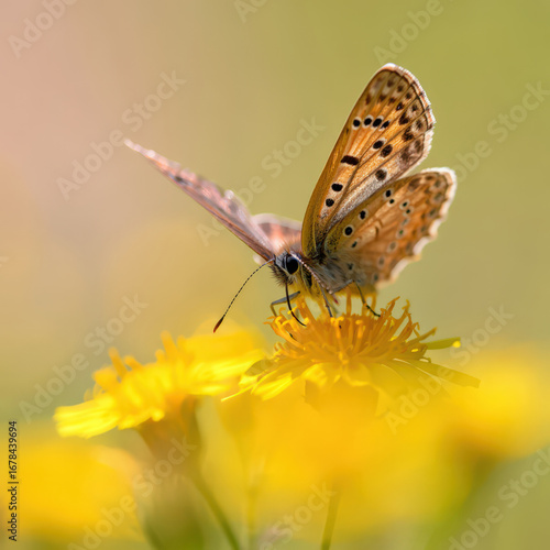 Wallpaper Mural Copper Butterfly Resting on a Cluster of Yellow Dandelions in a Meadow Bathed in Soft Sunlight Creating a Warm and Inviting Scene Torontodigital.ca
