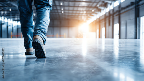 A person in work boots and blue pants walks across a polished concrete floor inside a spacious industrial warehouse with bright sunlight streaming through large windows