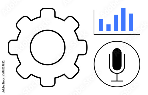 Gear for process, bar graph for data analysis, microphone for audio input. Ideal for innovation, technology, communication, analytics, automation, digital tools simple landing page