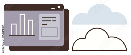 Analytical dashboard screen with charts next to cloud icons. Ideal for data storage, business insight, cloud computing, SaaS, technology, data visualization, modern analysis, simple flat metaphor