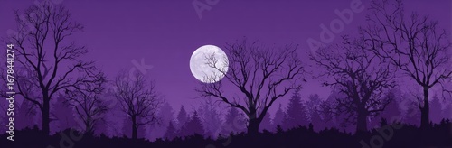 Silhouetted trees against a purple night sky with a full moon