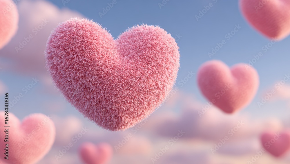 Obraz premium Pink fluffy hearts float in a soft sky