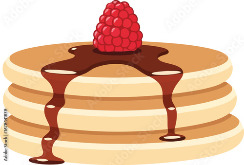 Delicious stack of pancakes with chocolate syrup and fresh raspberry topping vector