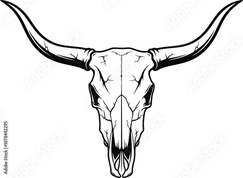 Detailed linework longhorn steer skull western americana rustic animal skull art vector