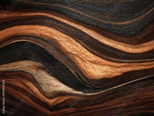 Abstract wood grain texture with swirling patterns of brown, black, and tan