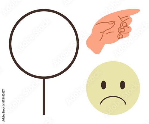 Hand gesture pointing at a blank circular sign and sad face expressing disapproval, focus, or awareness. Ideal for criticism, focus, attention, dissatisfaction, awareness, emotions communication