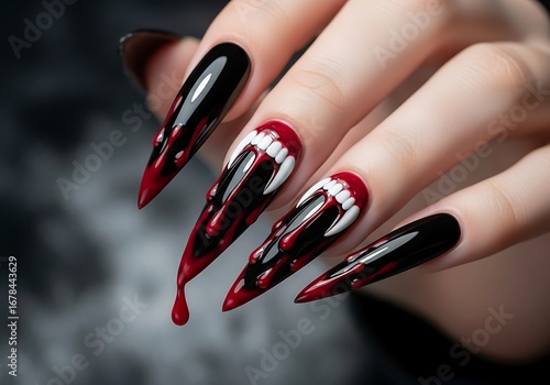 Spooky Vampire Fangs Blood Drip Nails