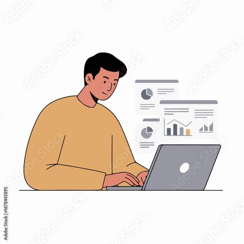 Illustrated man analyzing business data and reports on a laptop, representing digital productivity and analytics.