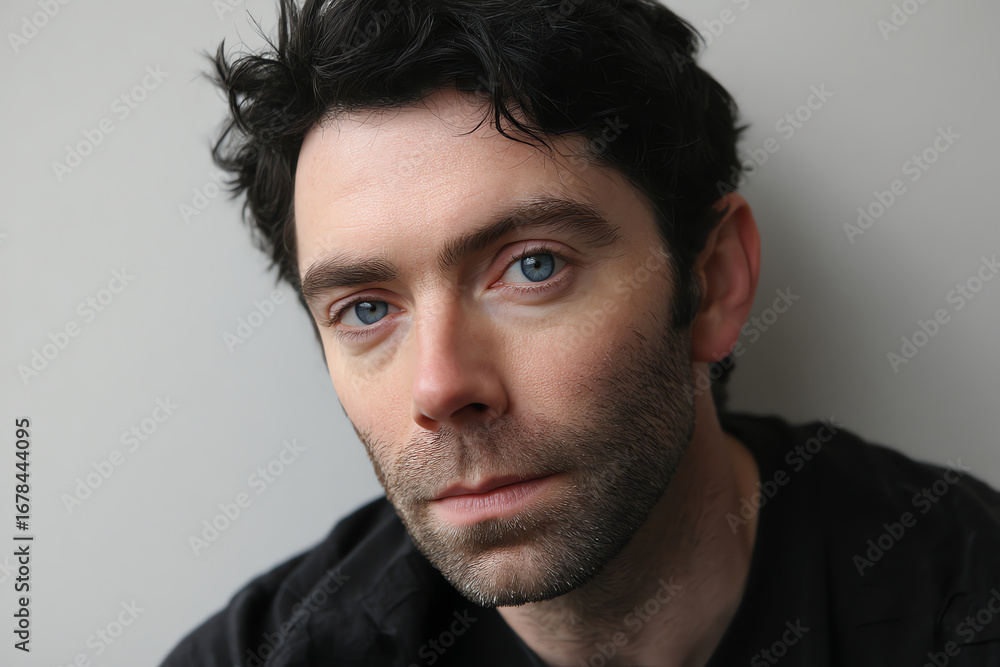 Obraz premium Close-up portrait of a man with blue eyes, dark hair, and light stubble, wearing a black shirt against a plain, neutral background
